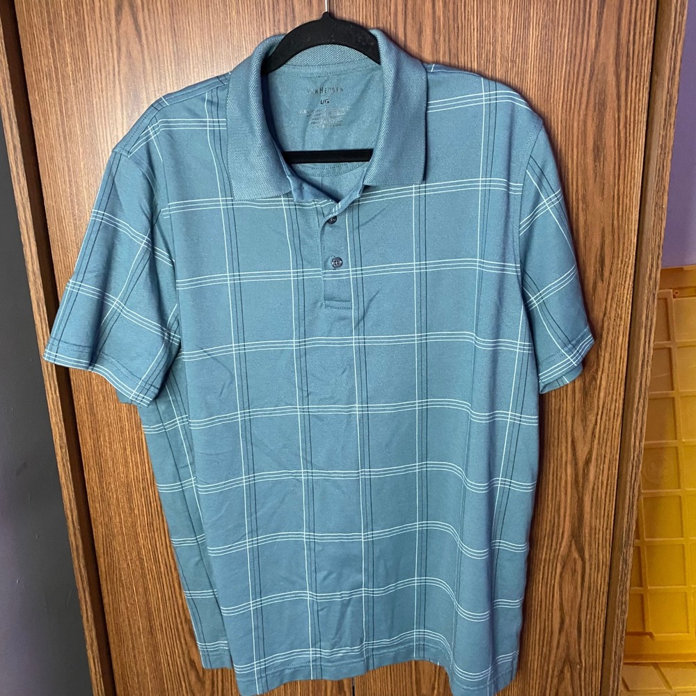 Van Heusen Polo Shirt Mens Large Blue Plaid Short Sleeve Cotton Blend Classic